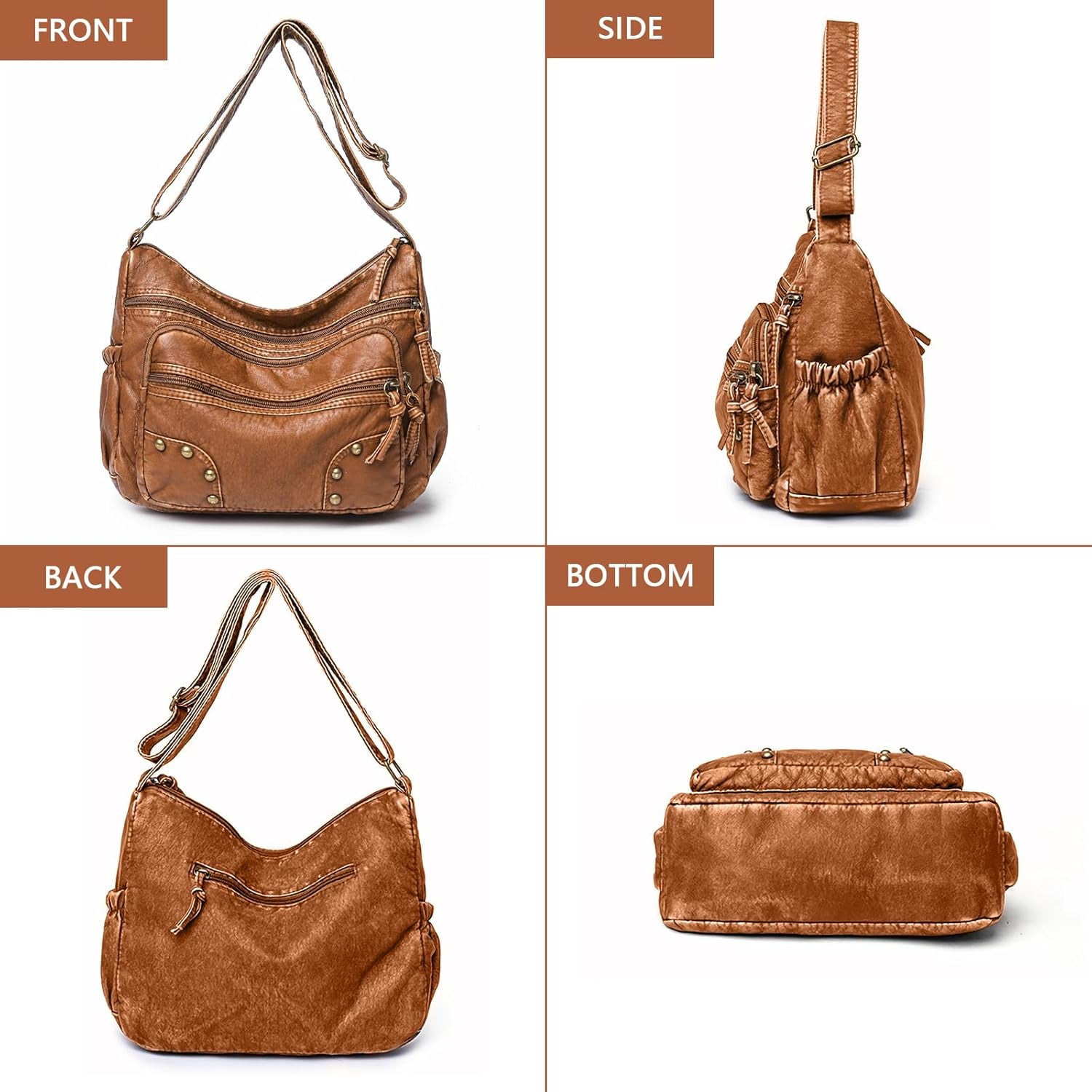 Lightweight Leather Multi-Pocket Shoulder Bag for Women - Retro Sling Medium Travel Purses
