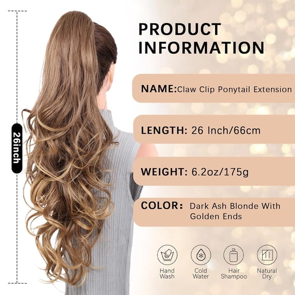 WEIF-26 Inch Long Ponytail Extension - Clip in Ponytail Hair Extensions, Curly Wavy Pony Tails Hair Extensions, Synthetic Claw Clip Ponytail Extension for Women (Color: Dark Ash Blonde With Golden