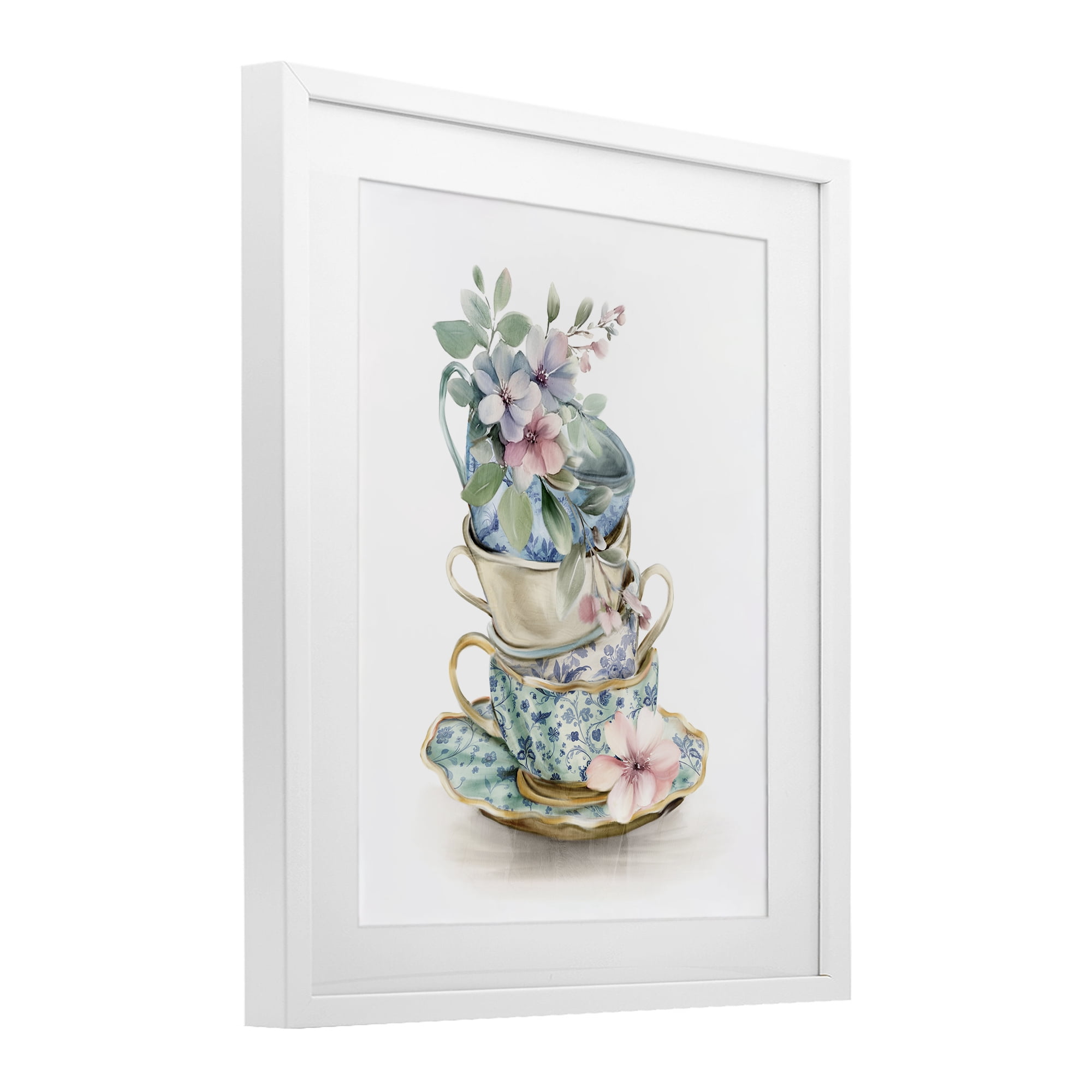 Stupell Industries Floral Teacup Chinoiserie White Framed Print Under Glass, design by Kim Allen
