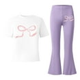 thumbnail image 5 of ZXLBBD Girls' Stylish Casual Outfit with Bow Print and Flared Leg Pants 2 Piece Toddler Comfy Loose Fit Daily Wear Clothes Sets,Purple,Size 9 Y-10 Y, 5 of 5