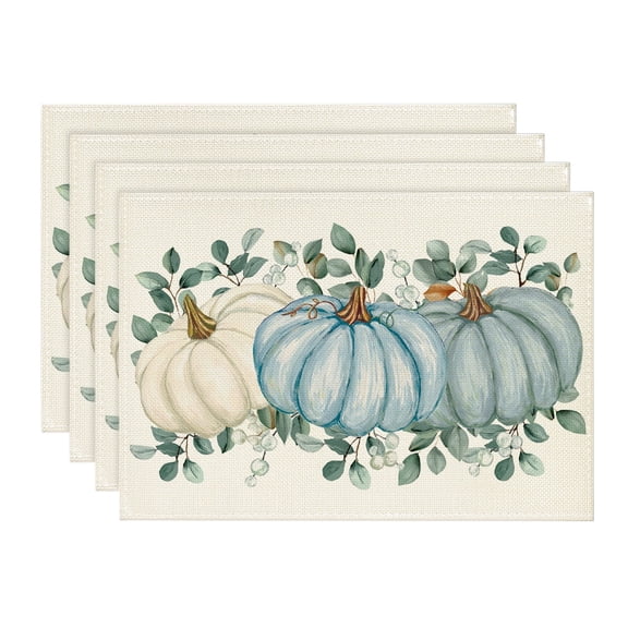 Smile Pumpkins Eucalyptus Leaves Fall Placemats Set of 4, 12x18 Inch Autumn Thanksgiving Holiday Table Mats for Party Kitchen Dining Decoration