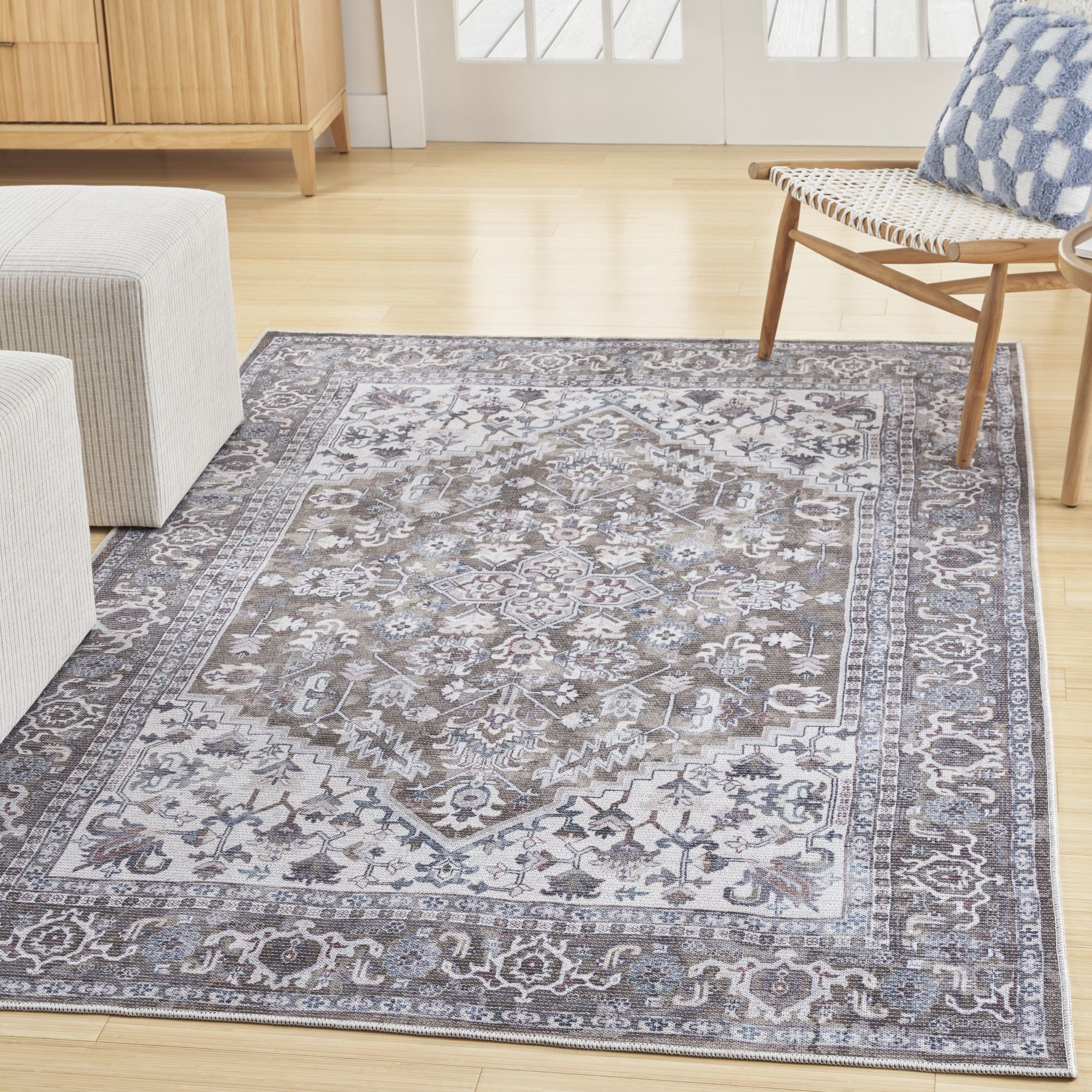 Nourison New Concept Washables 5'3" x 7'3" Olive Ivory Vintage Indoor Non-Slip Flatweave Rug