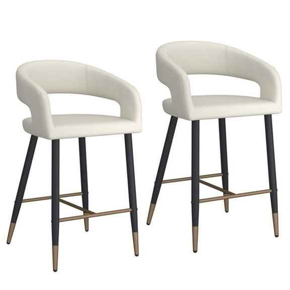 Pemberly Row Faux Leather Metal 26" Counter Stool in Beige & Black (Set of 2)