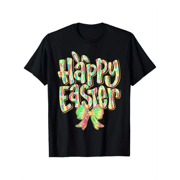 Happy Easter Bunny Ears Colorful Graphic T-Shirt Retro Festive Holiday Adult Tee for Men and Women