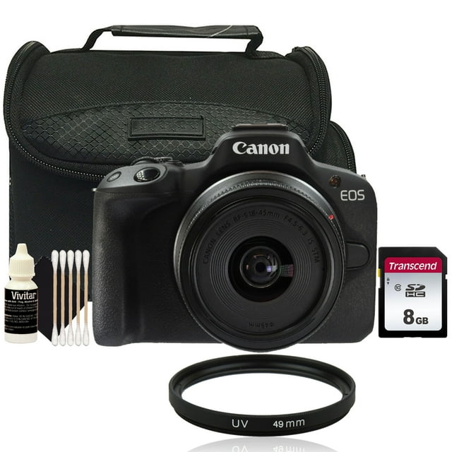 Canon EOS R50 Mirrorless Camera with 18-45mm Lens (Black) + Bower Digital SLR High-Definition 49mm UV Filter + Transcend TS8GSDC300S 8GB SDHC Memory Card + BePro BC-2 Case + Vivitar 3 pc Cleaning Kit For Camera, Lens, Iphone or Glasses
