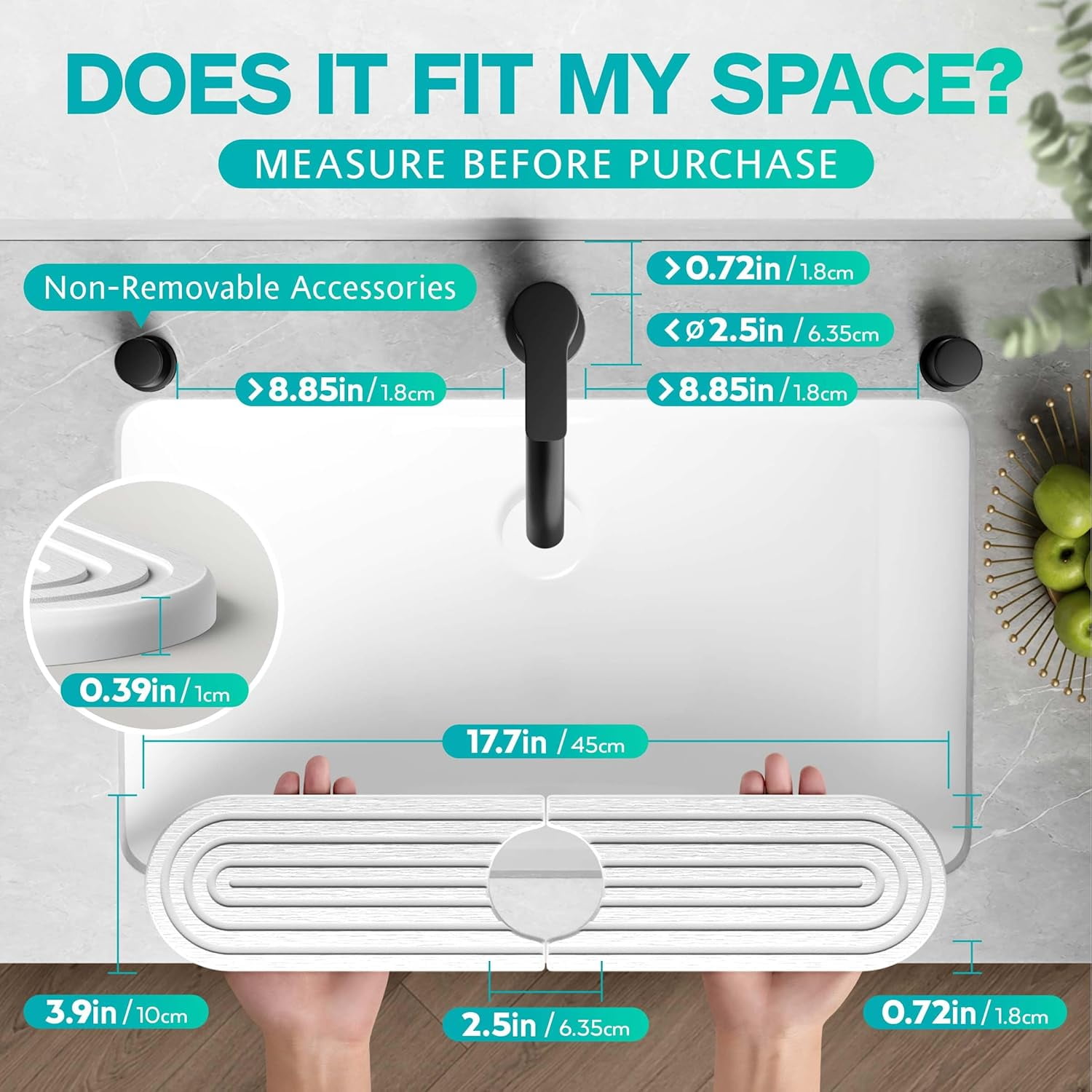 Stone Faucet Mat for Kitchen Sink – Diatomite Fast-Drying Stone Tray, Faucet Mat Sink Splash Guard, Decorative Sink Protector for Kitchen Bathroom Counter [White, 17.7''x3.9'']