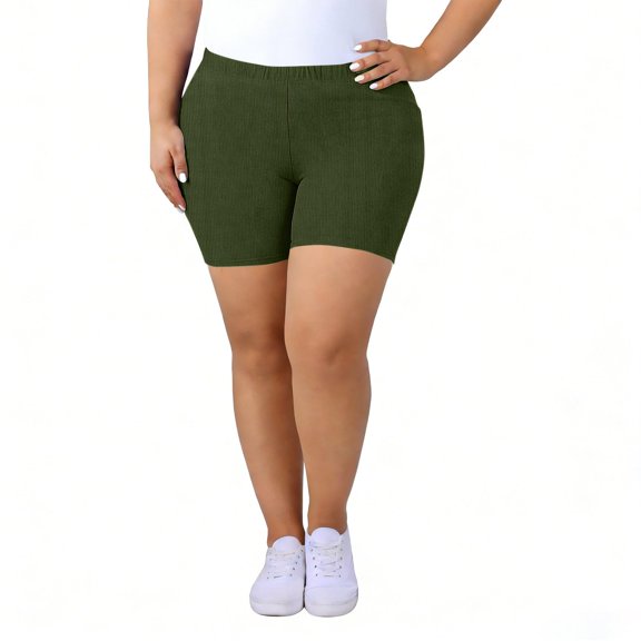 Women's Elastic Waist Ribbed Yoga Workout Shorts Athletic Leggings Slim Fit Breathable Shorts Army Green 5XL