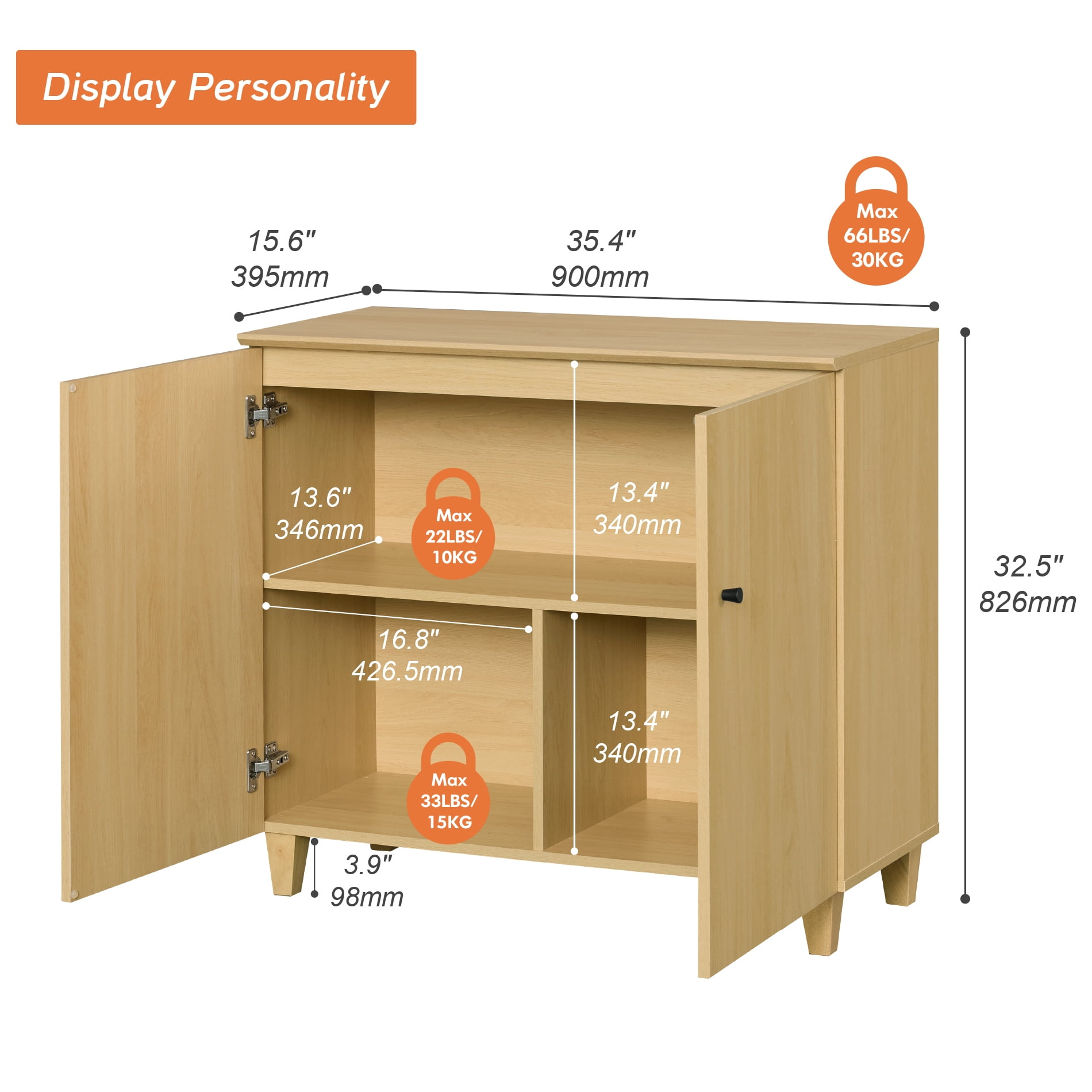 Large Bedroom Nightstand, Tall Bedside Table with 3 Fixed Compartments, Oak