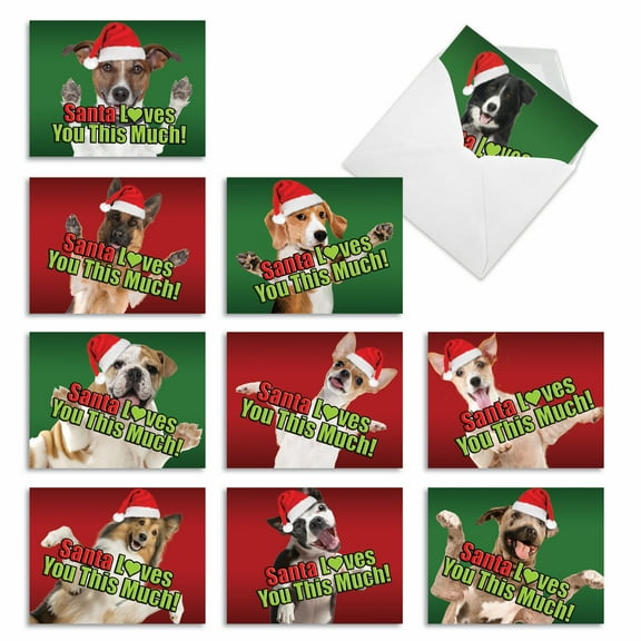 10 Merry Christmas Note Cards Pack (4 x 5.12 Inch) - SANTA LOVES YOU THIS MUCH DOG