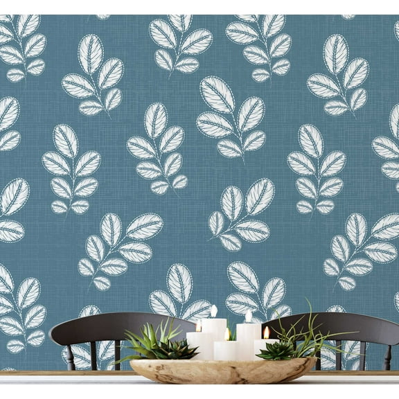 S4sassy Self Adhesive Wallpaper, Blue Leaf Print Mural Wall Paper, Peel and Stick Contact Paper for Walls, Entryway accent Wall, Office Decor, Solution (25"x360" inch)