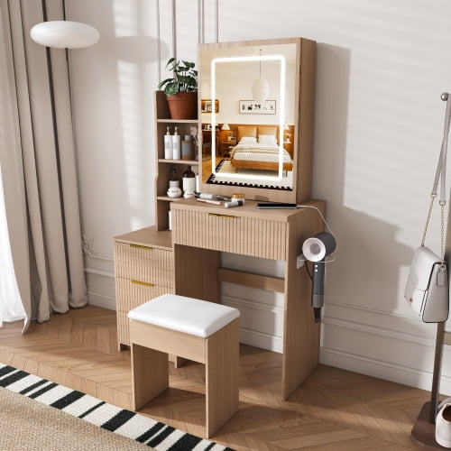Modern Vanity Desk ,featuring 3 modes of LED lighting with adjustable brightness , with 4 drawers and multiple open storage shelves, with a hair dryer holder and power socket, a dressing chair.