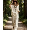 thumbnail image 2 of Two Piece Sets for Women,Women's 2 Piece Linen Cotton Set Fashion Off Shoulder Loose Top and Wide Leg Pants Boho Casual Vacation Loungewear Outfits, 2 of 8