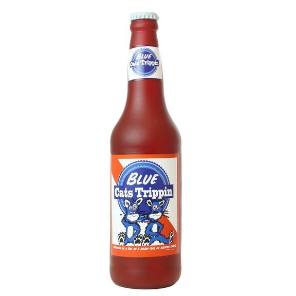 Silly Squeakers Blue Cats Trippin Beer Bottle Durable Squeaky Vinyl Parody Dog Toy