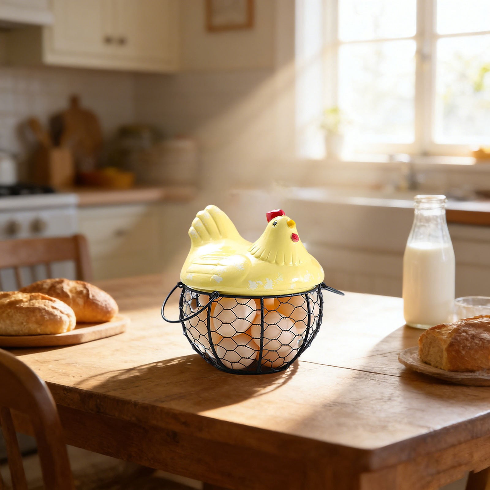 Chicken Egg Basket Black Wire with Ceramic Lid, Egg Holder for Gathering Fresh Eggs, Decorative Farmhouse Egg Storage Container for Kitchen Countertop, Ceramic Egg Storage Basket Organizer