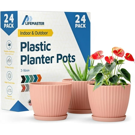 Pink 6-Inch Plant Pots with Drainage & Saucers 24 Pack, Indoor & Outdoor Planters for Houseplants, Herbs, and Flowers, Durable & Weatherproof Material, Stackable, Lightweight, Minimalist Design