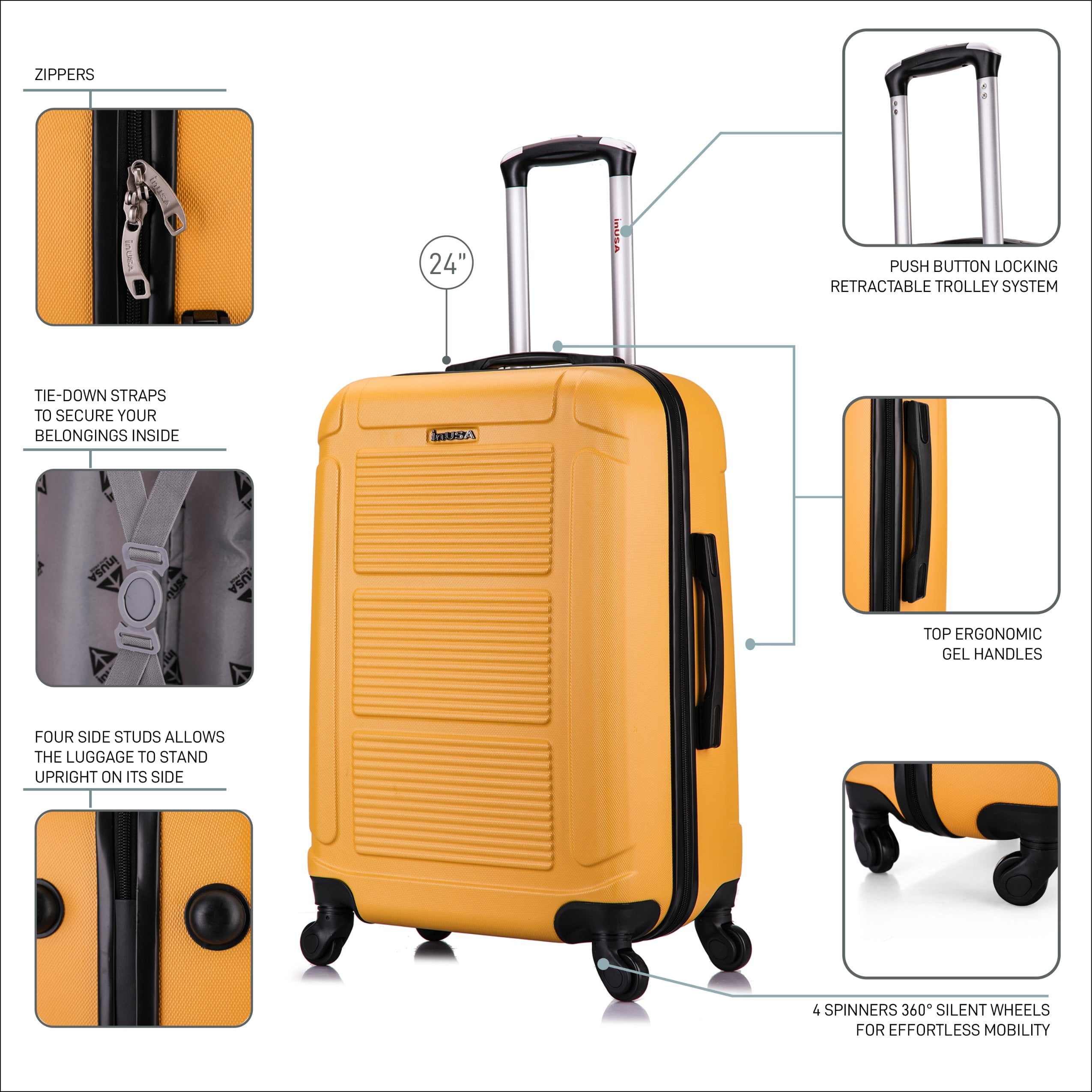 InUSA Pilot 24" Hardside Lightweight Luggage with Spinner Wheels, Handle, and Trolley, Mustard