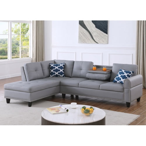 BSHTI Gray Faux Leather L-Shaped Sectional Sofa with Reversible Storage Chaise for Living Room, Storage Ottoman & Cup Holders, 3-Seat Contemporary Couch