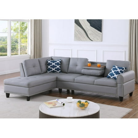 taoruifang l shape  Irine Faux Leather Sectional Sofa with Ottoman with cup holder gray color