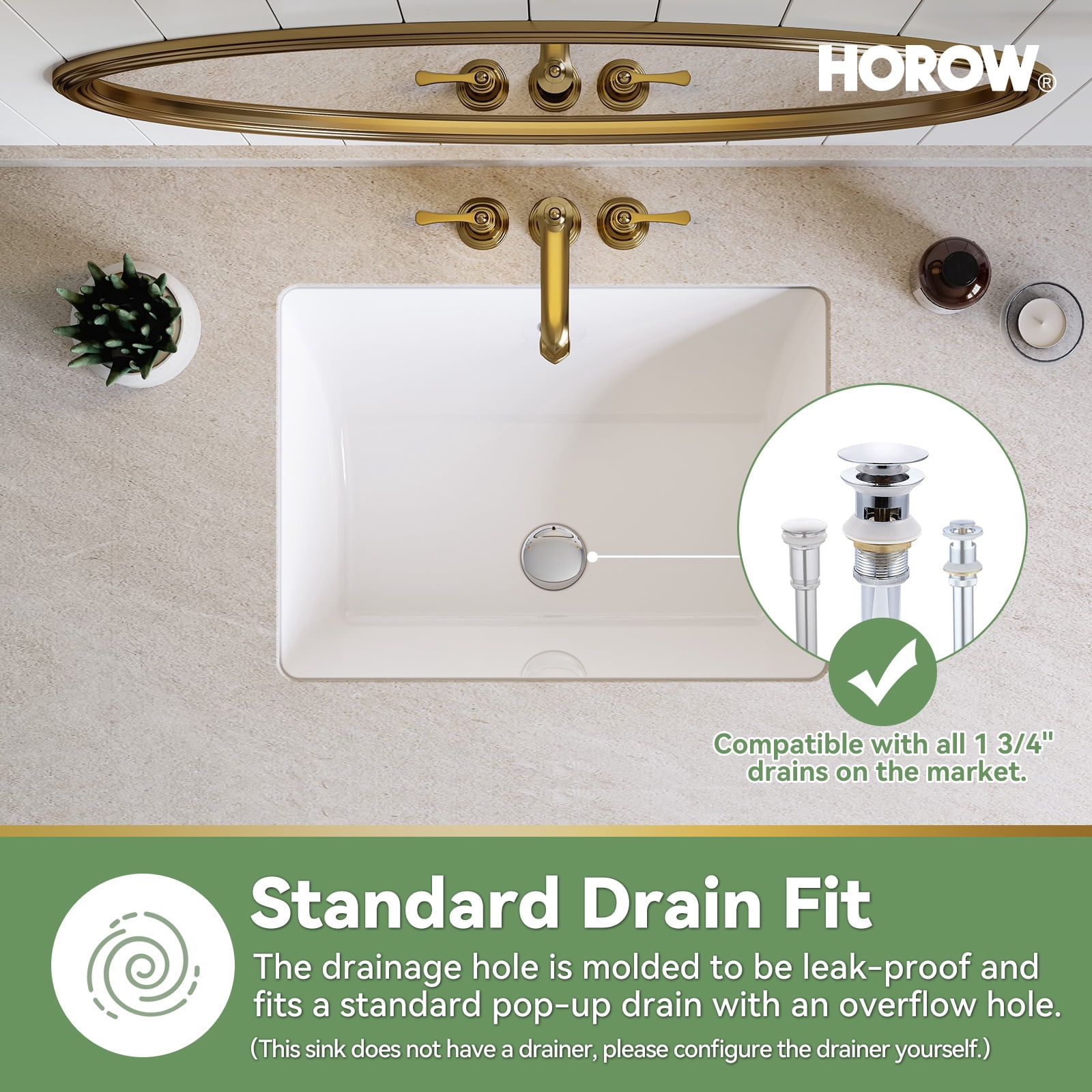 HOROW 20" x 15" White Ceramic Undermount Bathroom Sink, Rectangular Basin with Overflow Hole for Vanity