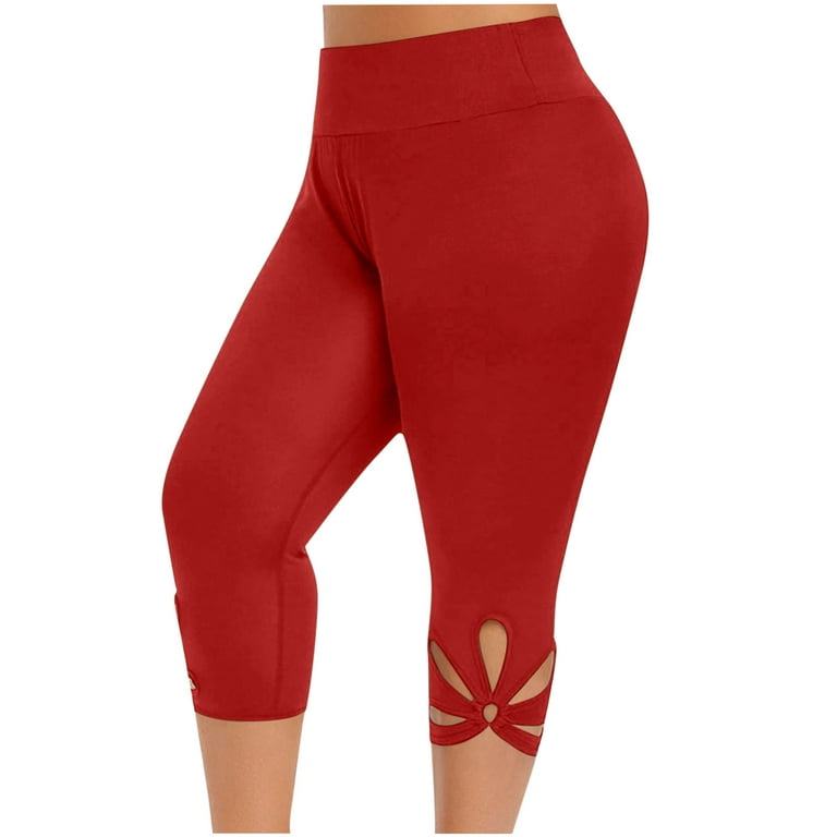 Plus Size Capri Leggings for Women Yoga Bottom Capris Pants High Waisted  Cutout Hem Solid Color Compression Shorts (X-Large, RedA)