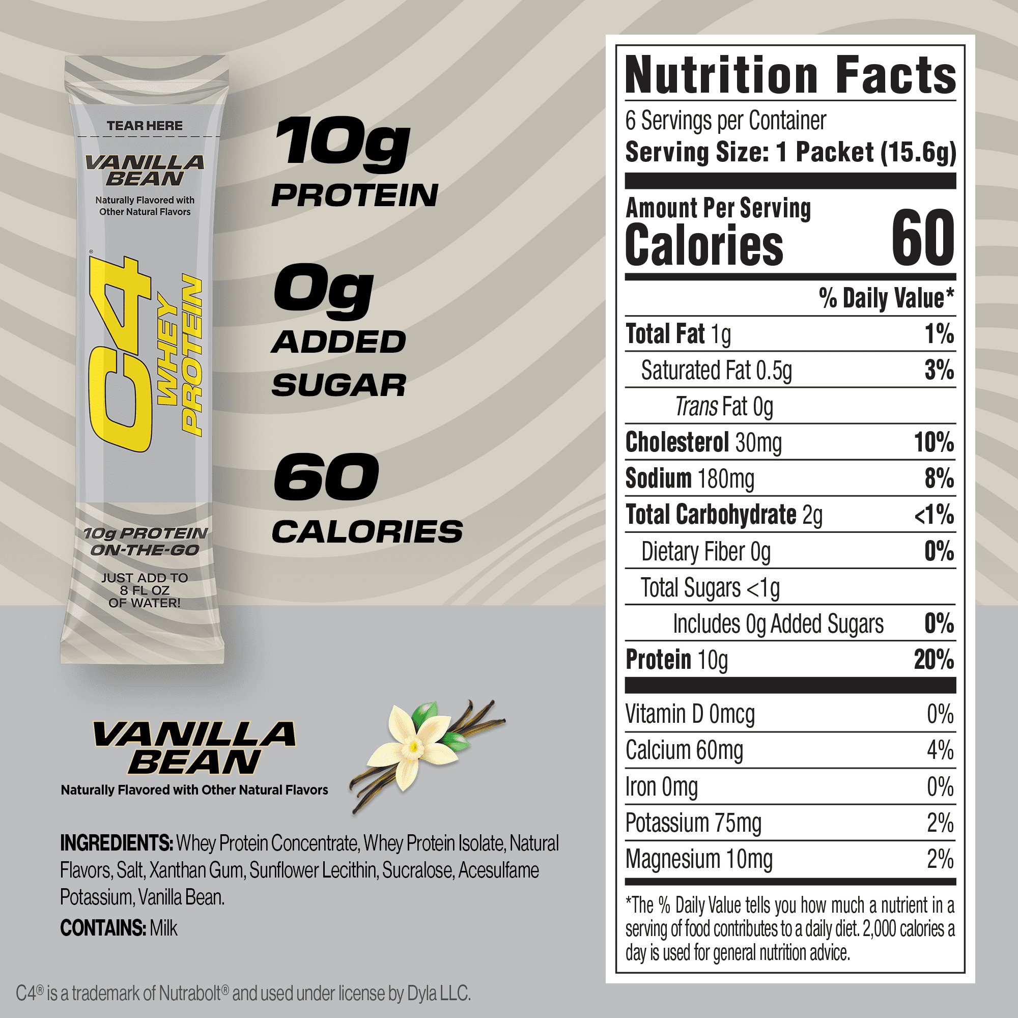 C4 Drink Mix Vanilla Bean Protein, 6 Powder Stick Packs