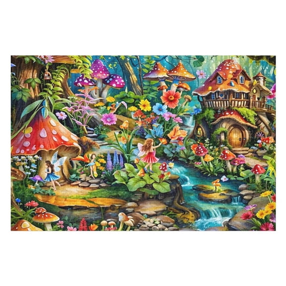 Jigsaw Puzzles - Fairy - Filled Magical Forest Scene with Mushroom Houses And Colorful Flora1000 PCS，Challenging Puzzle Perfect for Game Nights