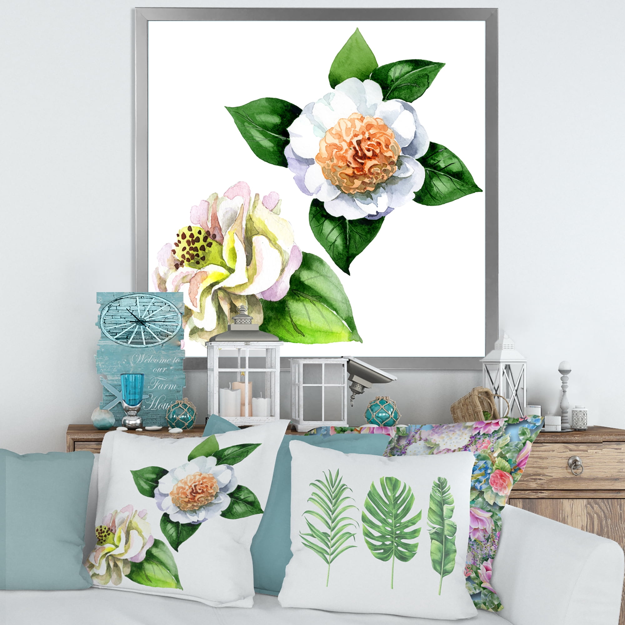 Designart 'Ancient White Camellia Flowers With Green Leaves' Traditional Framed Art Print