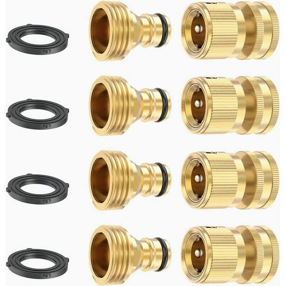 Garden Hose Quick Connector Solid Brass,3/4 Inch GHT Thread Fitting No-Leak Water Hose Female and Male Adapter (4 Sets)