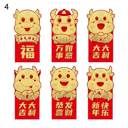 

6Pcs Lucky Money Bag Chinese New Year Cattle Printing Thicken Red Envelopes