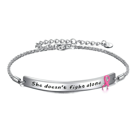 Sterling Silvery Pink Ribbon Bracelets Awareness Gifts Motivational Bracelets Engraved She Doesn't Fight Alone,Silver,Pink Ribbon Bracelets