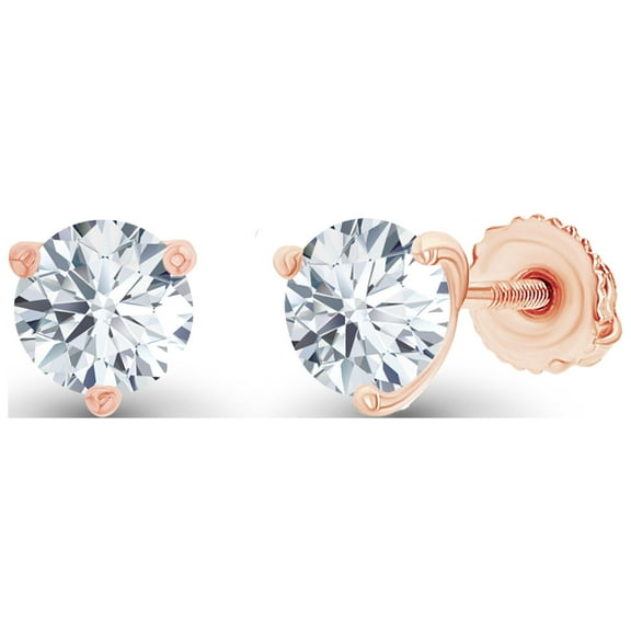 Decadence Rose Gold Plated 925 Sterling Silver 4mm Round 3 Prong Martini Set Created White Sapphire April Birthstone Screwback Stud Earrings