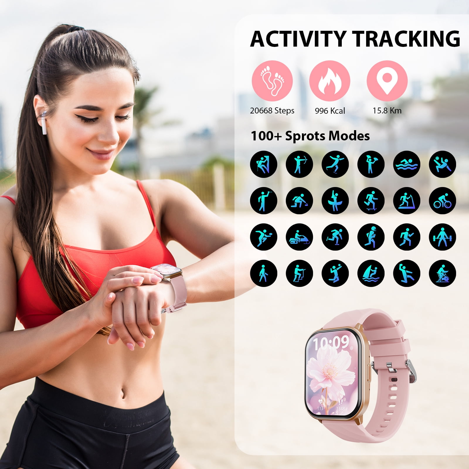 AUOSHI Smart Watch fits for Android & iPhone (Bluetooth Answer/Make Calls), 2.01 inch IP68 Waterproof Tracking Fitness, Sleep Monitor/Pedometer/Calories,Multiple Sports Modes,Pink