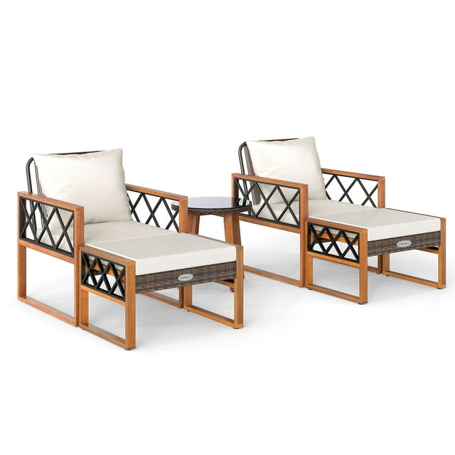 Gymax 5 PCS PE Rattan Conversation Set w/Acacia Wood Table Chairs w/Ottomans Outdoor Brown