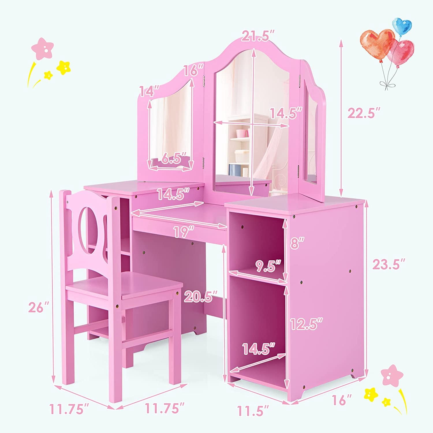 OLAKIDS Kids Vanity, 2 in 1 Princess Makeup Desk & Chair Set with Tri-Folding Detachable Mirror, Large Storage Shelves, Wooden Dressing Table, Pretend Play Vanity Set for Girls