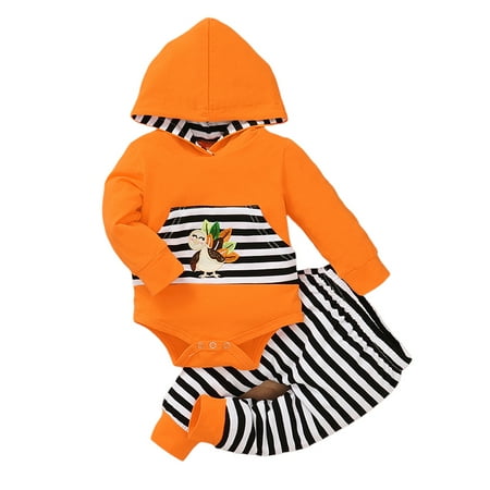 

elfinBE Unisex Newborn Baby Turkey Long Sleeve Hoodie And Striped Pants 2PCs Outfits 0-12M