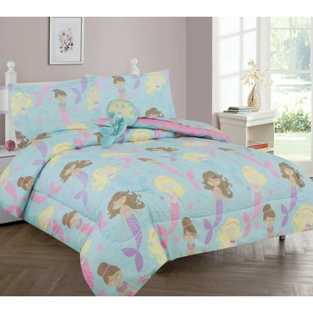 BED IN BAG 6PC COMFORTER MICROFIBER TODDLER, KIDS PRINCESS MERMAID SEALIFE REVERSIBLE ,COZY, WARM, SUPER SOFT 1COMFORTER+1PILLOW SHAM+ SHEET+FITTED SHEET+1PILLOW CASE,1FRIENDLY TOY SIZE: TWIN