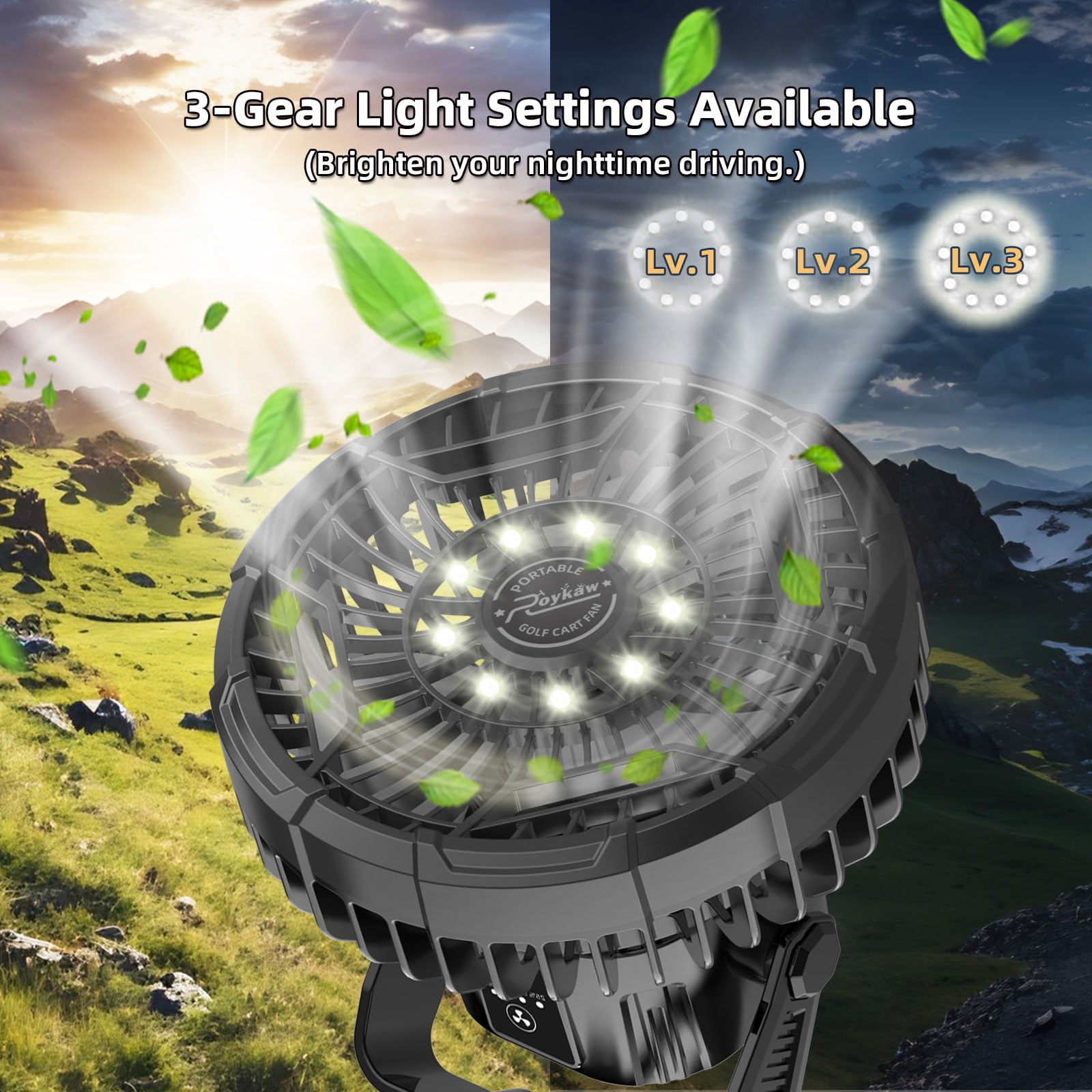 Roykaw Golf Cart Portable Rechargeable Fan w/LED Lantern, Camping Fan 10400mAh Battery Operated Fan