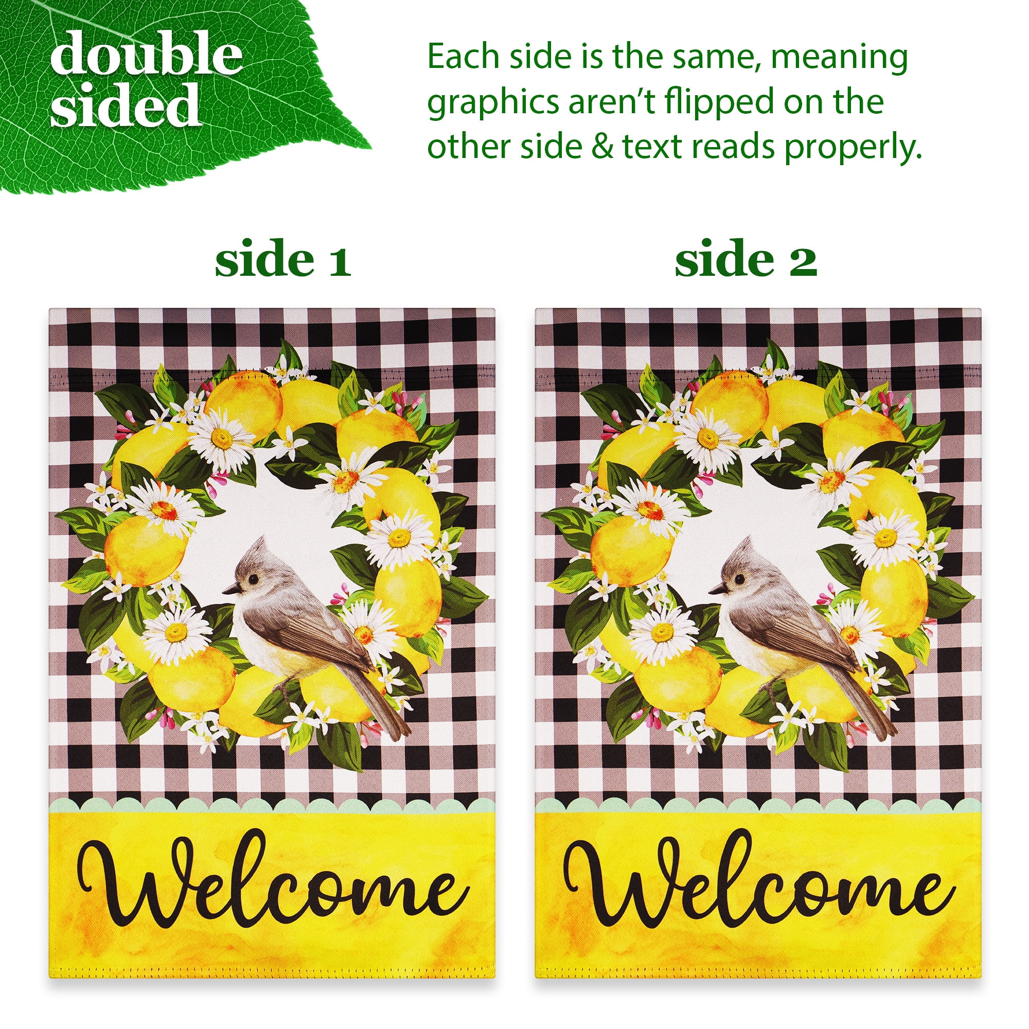 G128 Combo Pack: Garden Flag Stand Black 36 in x 16 in & Garden Flag Summer Decoration Welcome Bird with Fruit Wreath 12"x18" Double-Sided Blockout Fabric