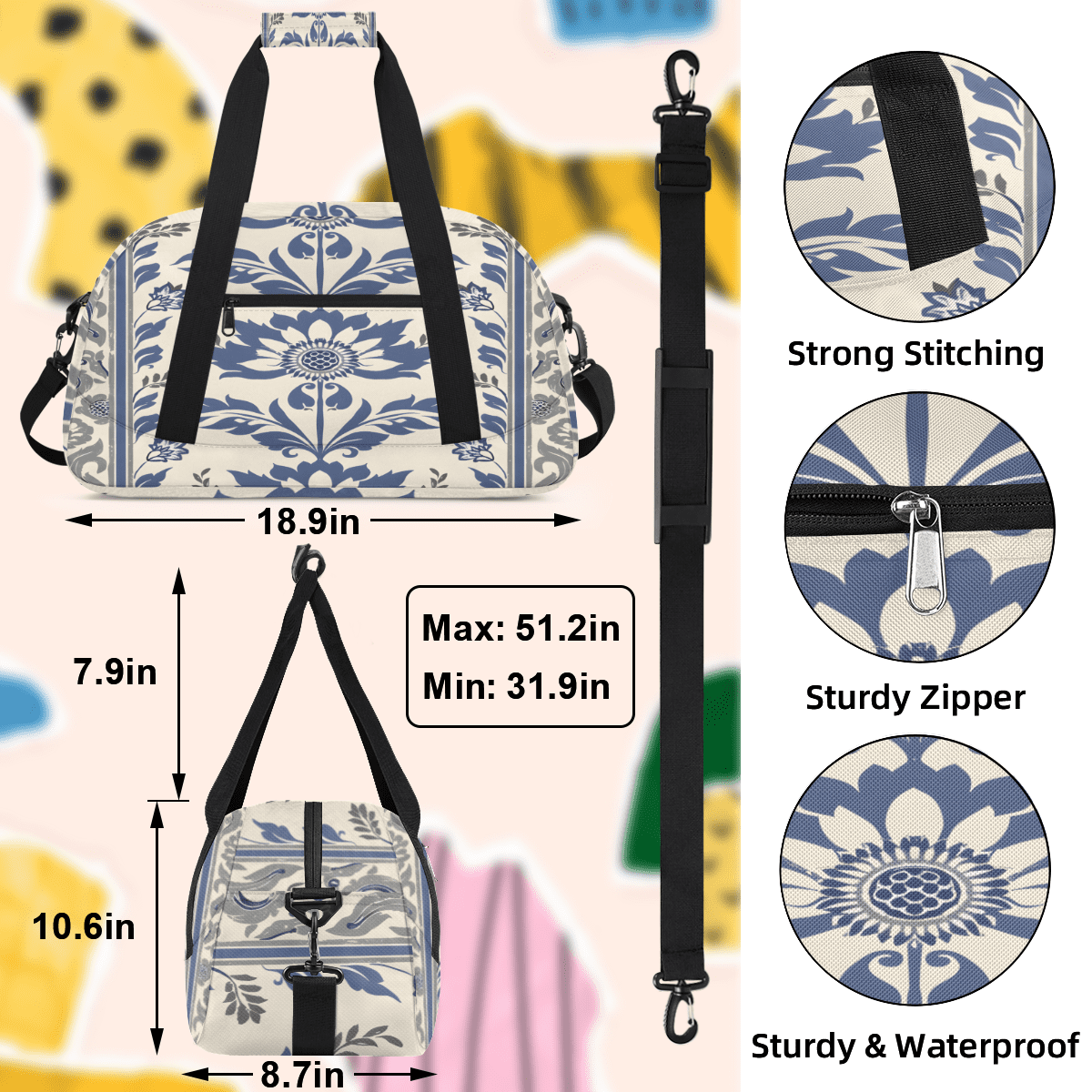 Herdesigns Vintage Flower Sports Duffle Bag for Women & Men, Floral Gym Bag Dance Bag Overnight Bag Carry On Weekender Travel Bag