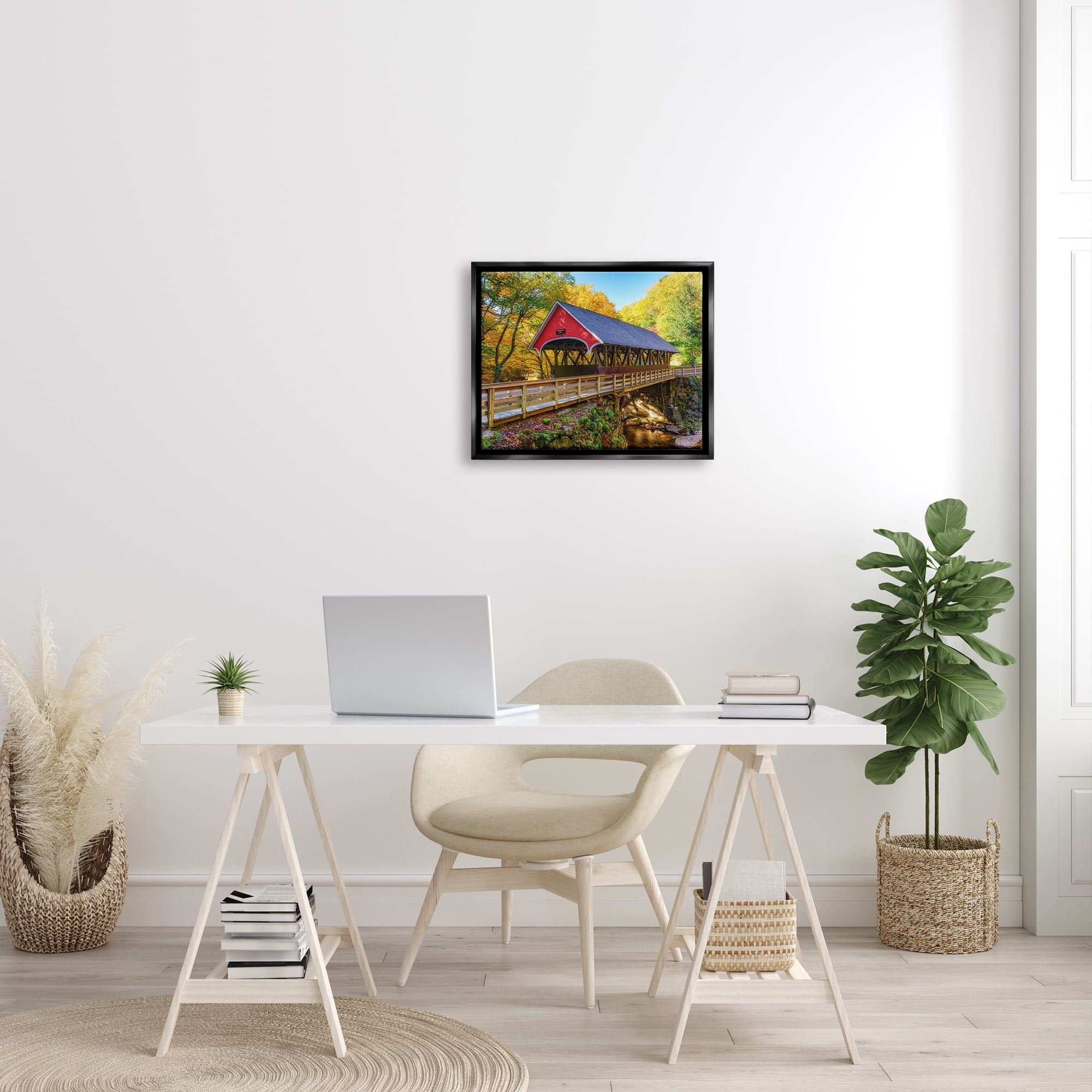 Stupell Red Covered Bridge Woodland Creek Landscape Photography Black Floater Framed Art Print Wall Art