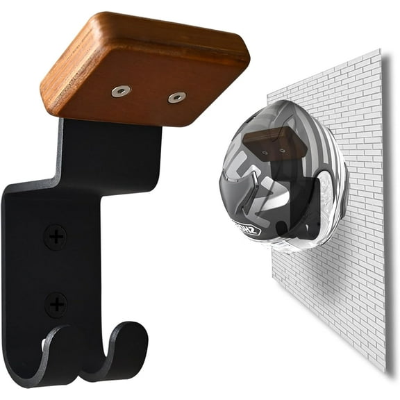 Helmet Holder Wall Mount, Motorcycle Gear Rack with 2 Key Hooks, Constructed with Solid Wood & Strong Steel for Bike Tactical Gear Baseball Football Skiing Helmet (1)