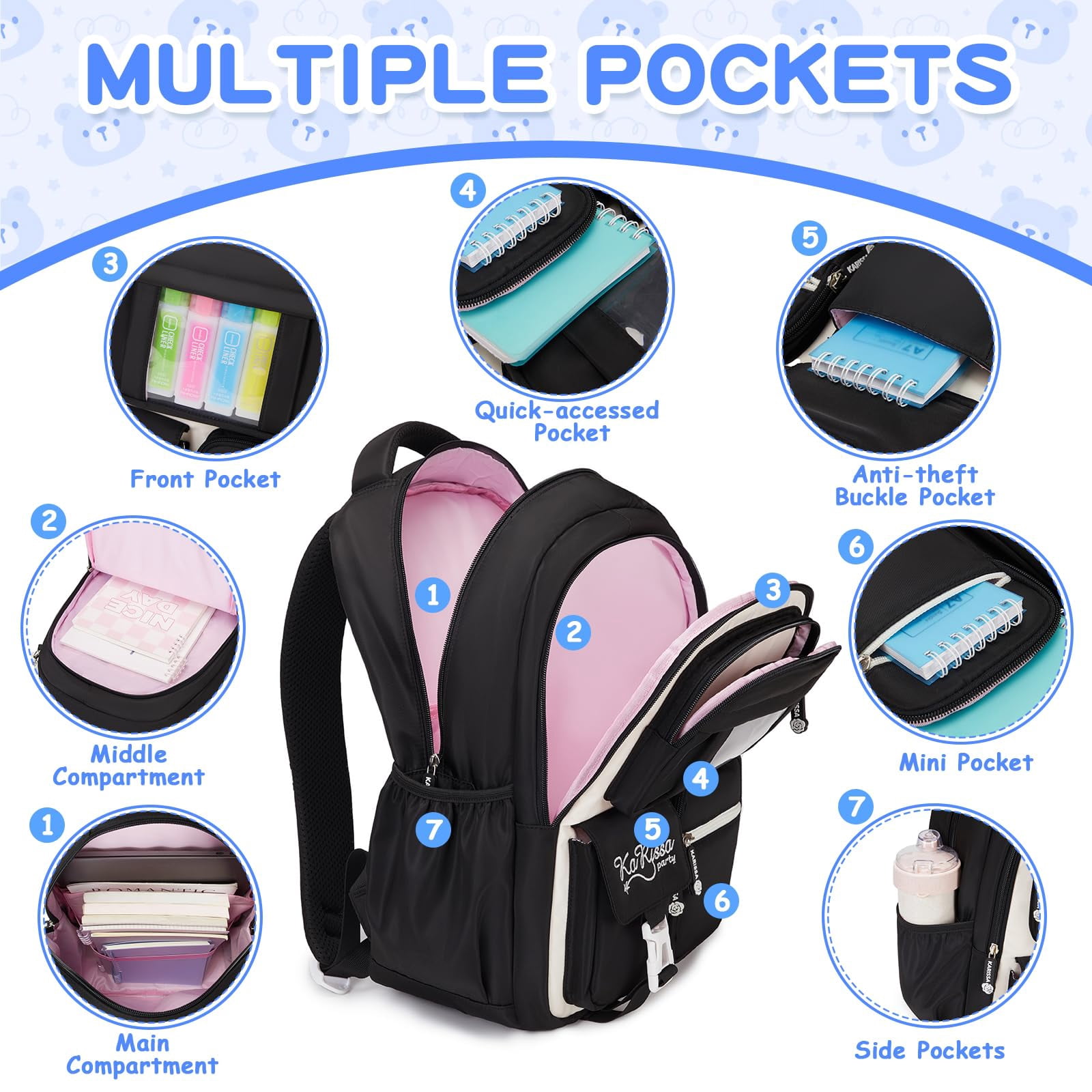 Soda Candy Backpacks for Girls Kawaii Ita Kids Backpack Water Resistant Lightweigt Students Bookbag for Elementary Primary Middle School, Black