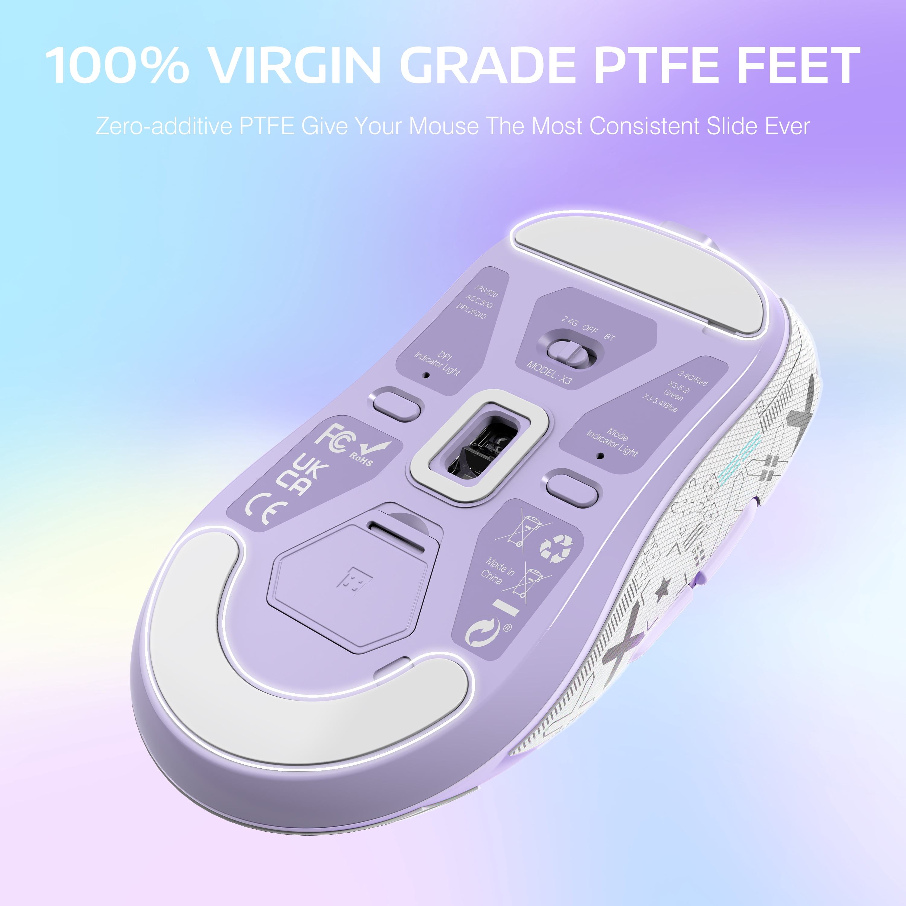 ATTACK SHARK X3 Wireless Gaming Mouse, 49g Ergonomic Design, Tri-Mode Bluetooth/2.4G/USB-C Wired, PAW3395 Optical Sensor, 26000 DPI, Programmable Buttons, for PC/Laptop/Mac, Purple with Griptape
