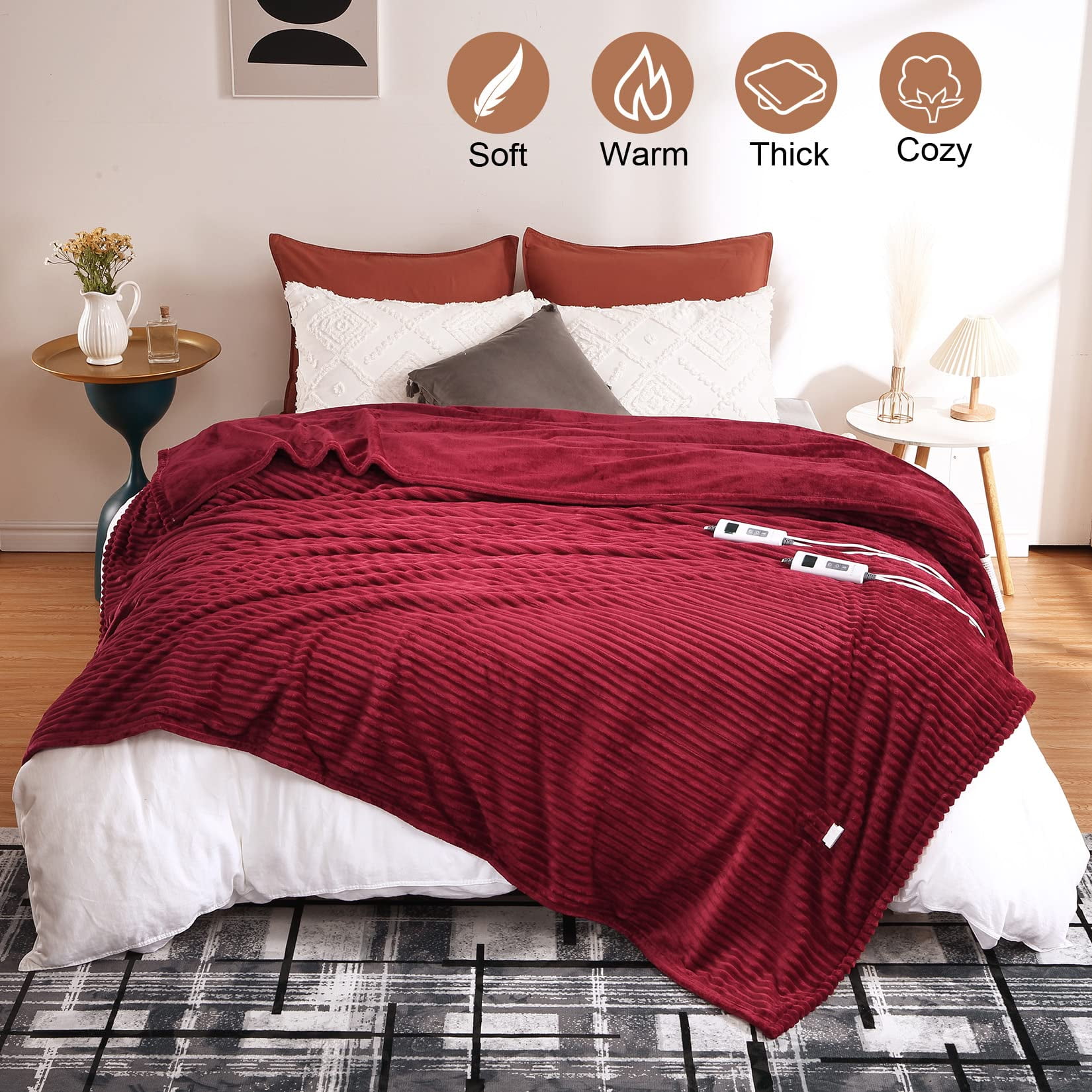 CAROMIO Electric Blanket Queen Size Dual Control Soft Ribbed Flannel Heated Blanket with 6 Heating Levels 20 Time Settings Machine Washable Fast Heating Blanket 84 Walmart