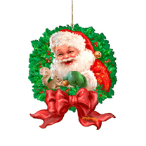 Designocracy Set of 2 Santa Berry Wreath Wooden Christmas Ornaments 5.5"
