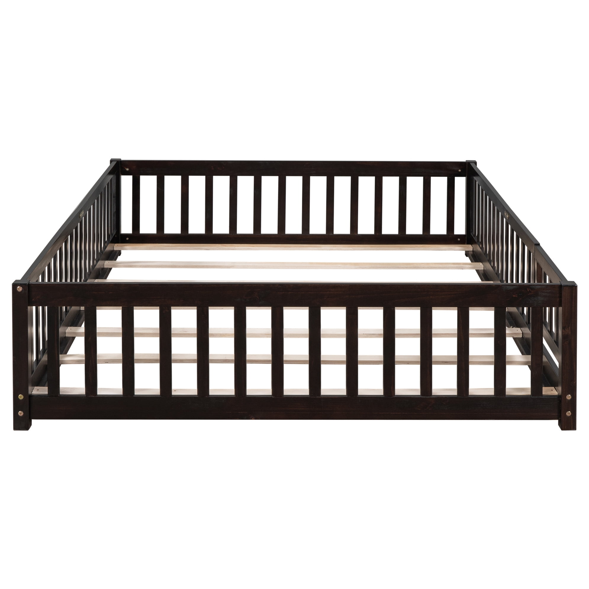 Queen Size Floor Bed with Fence for Kids, Wood Montessori Toddler Bed Frame with Door and Slats Support, Queen Size Platform for Girls and Boys, Espresso