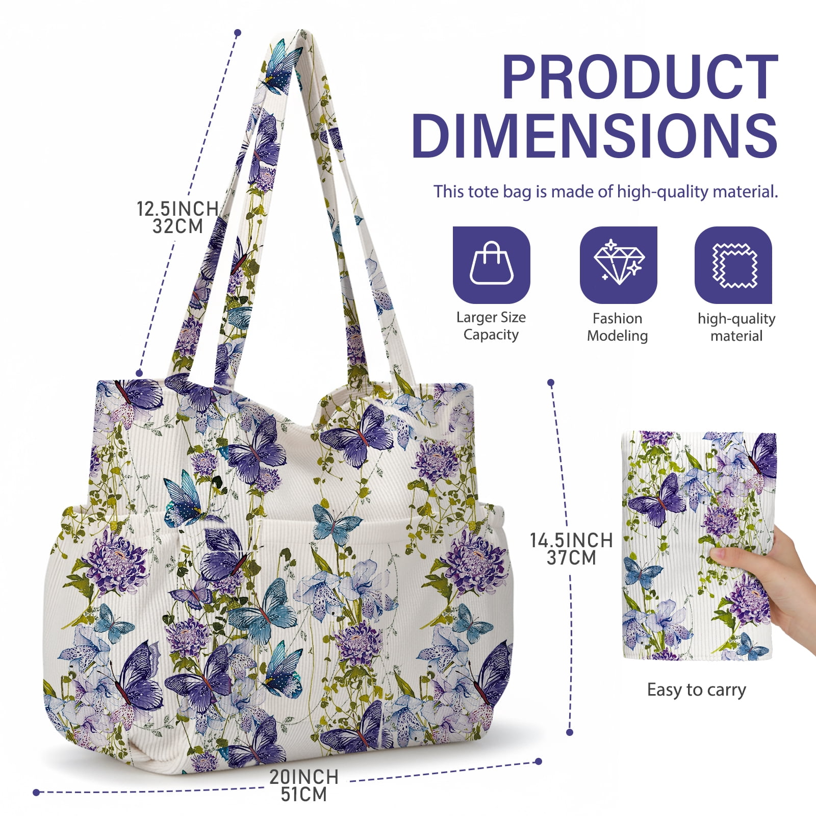 Gocvo Multiple Pockets Corduroy Bag, Large Tote Bag for Women, Ladies Bag Casual Hobo Handbags(Butterfly)