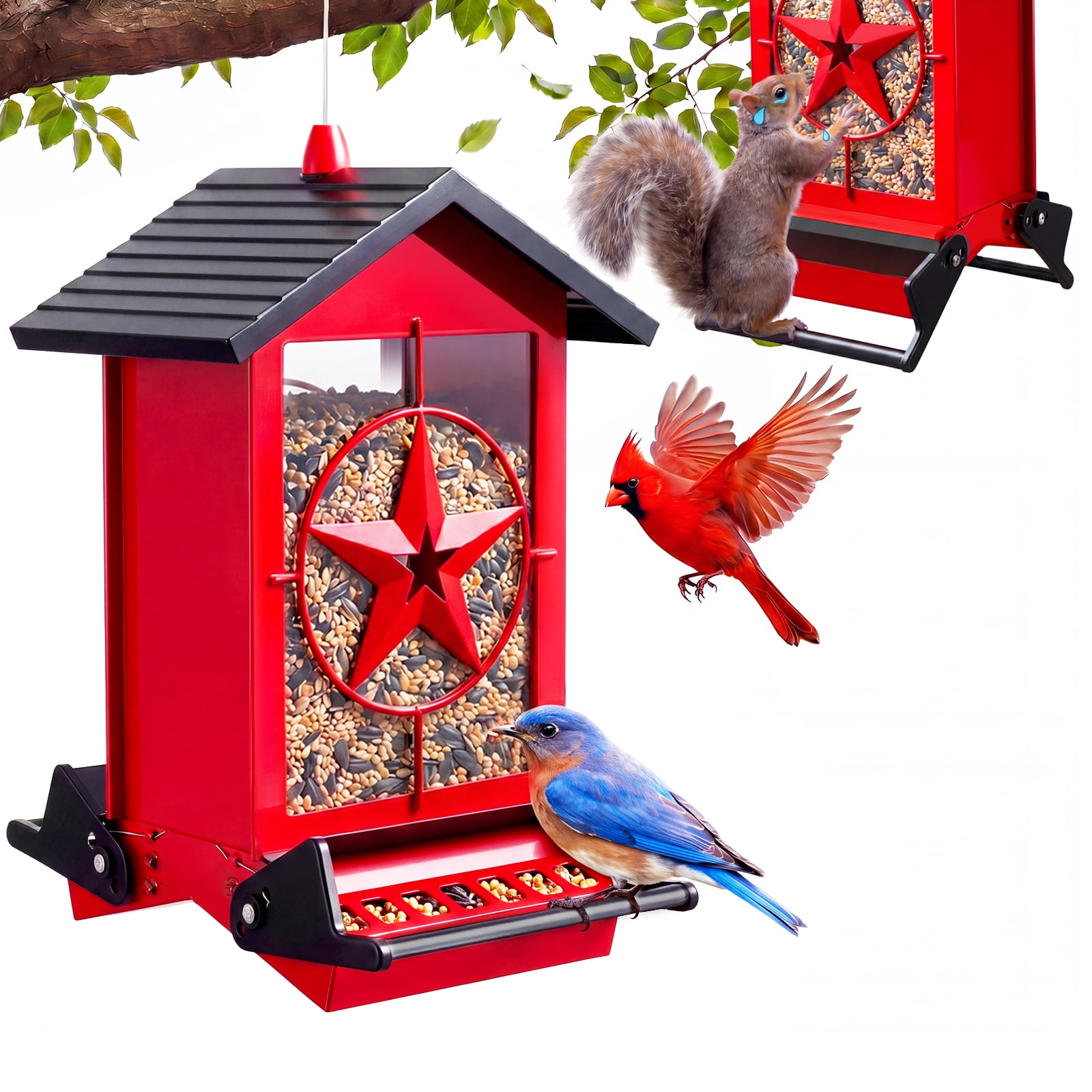 Squirrel Proof Bird Feeder for Outdoors Hanging, Metal Wild Bird Seed Feeder with Bilateral Weight-Activated Perches, 5LB Large Capacity Wild Bird Feeders for Outside Finch, Cardinal, Blue Jay