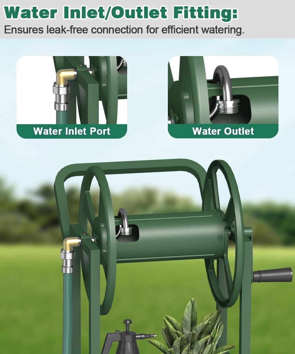 Hose Reel Cart with 2 Wheels, Garden Water Hose Holder Heavy Duty Powder Coated Steel Outdoor Winder Storage Holds 125 ft 5/8" Hoses with Basket and 3.9ft Leader Hose for Backyard, Green