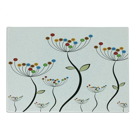 Garden Cutting Board, Colorful Dandelions Stems Buds Leaves Bedding Plants Wildlife Meadow Cottage Theme, Decorative Tempered Glass Cutting and Serving Board, Small Size, Multicolor, by Ambesonne